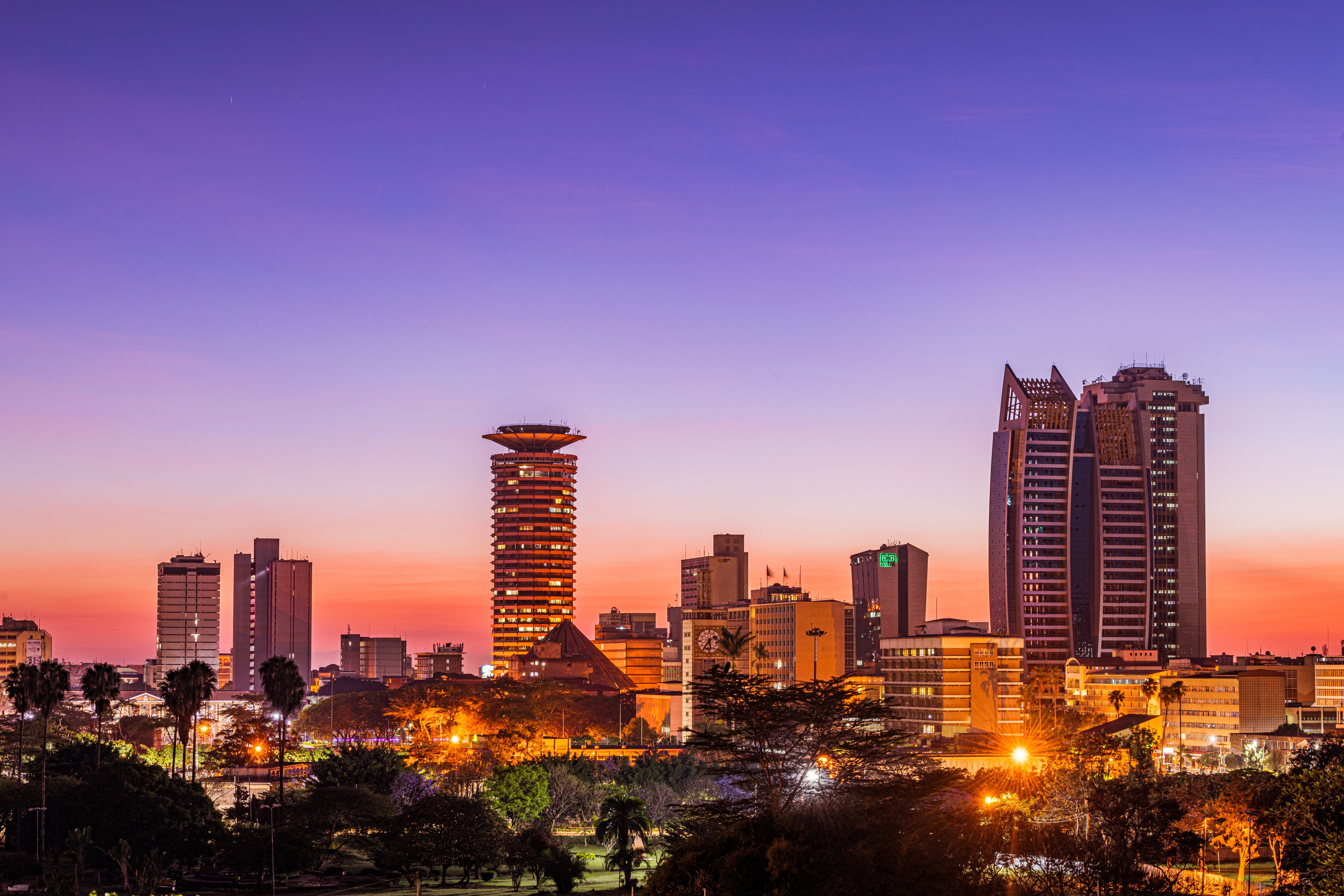 Nairobi skyline brightly lit up at night